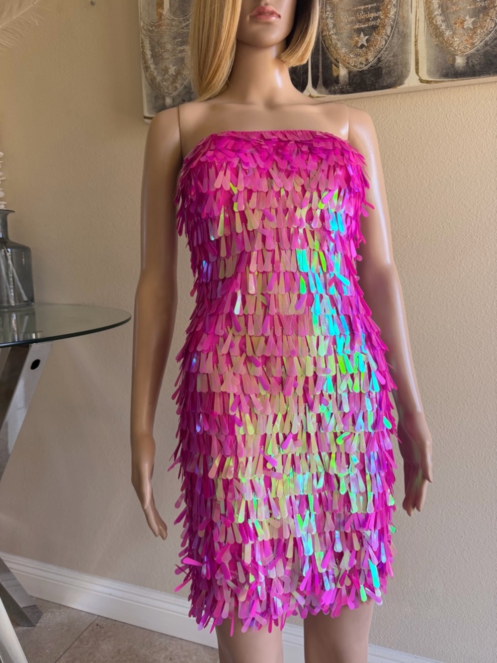 B Darlin Hot Pink Iridescent Stretch Sequin Fringe Party Dress
